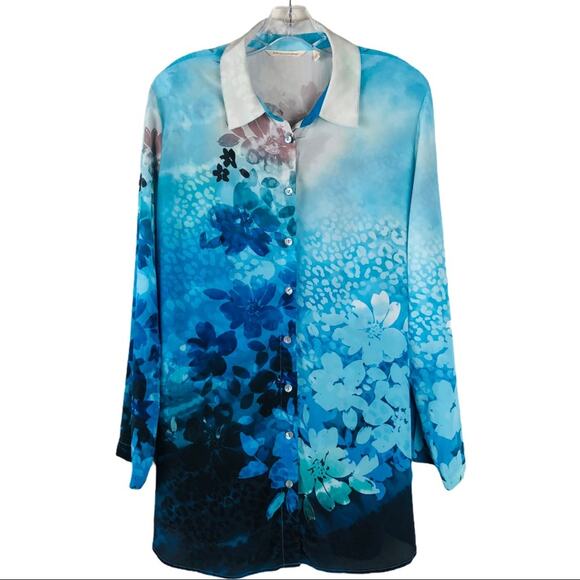 Soft Surroundings blue floral silk button top coastal preppy tropical large - Picture 1 of 9